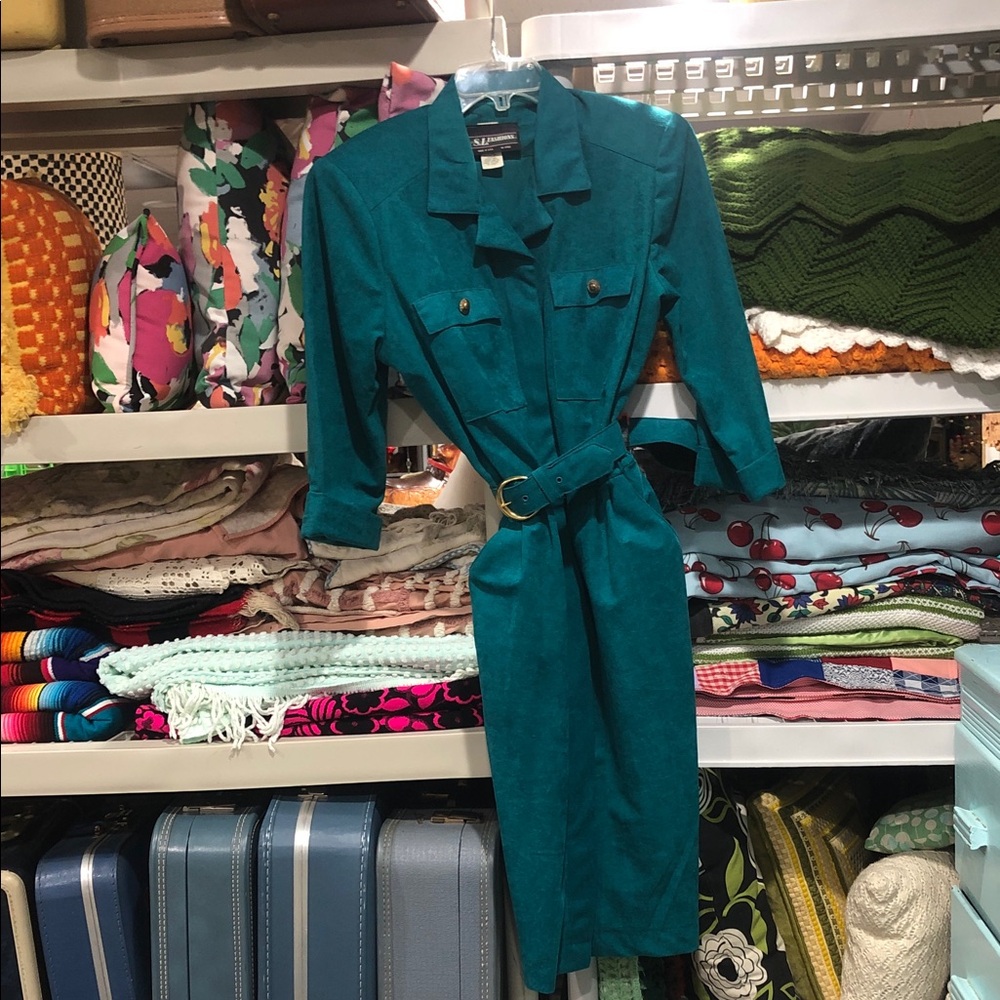 💙Vintage Teal Long Sleeve Belted Dress